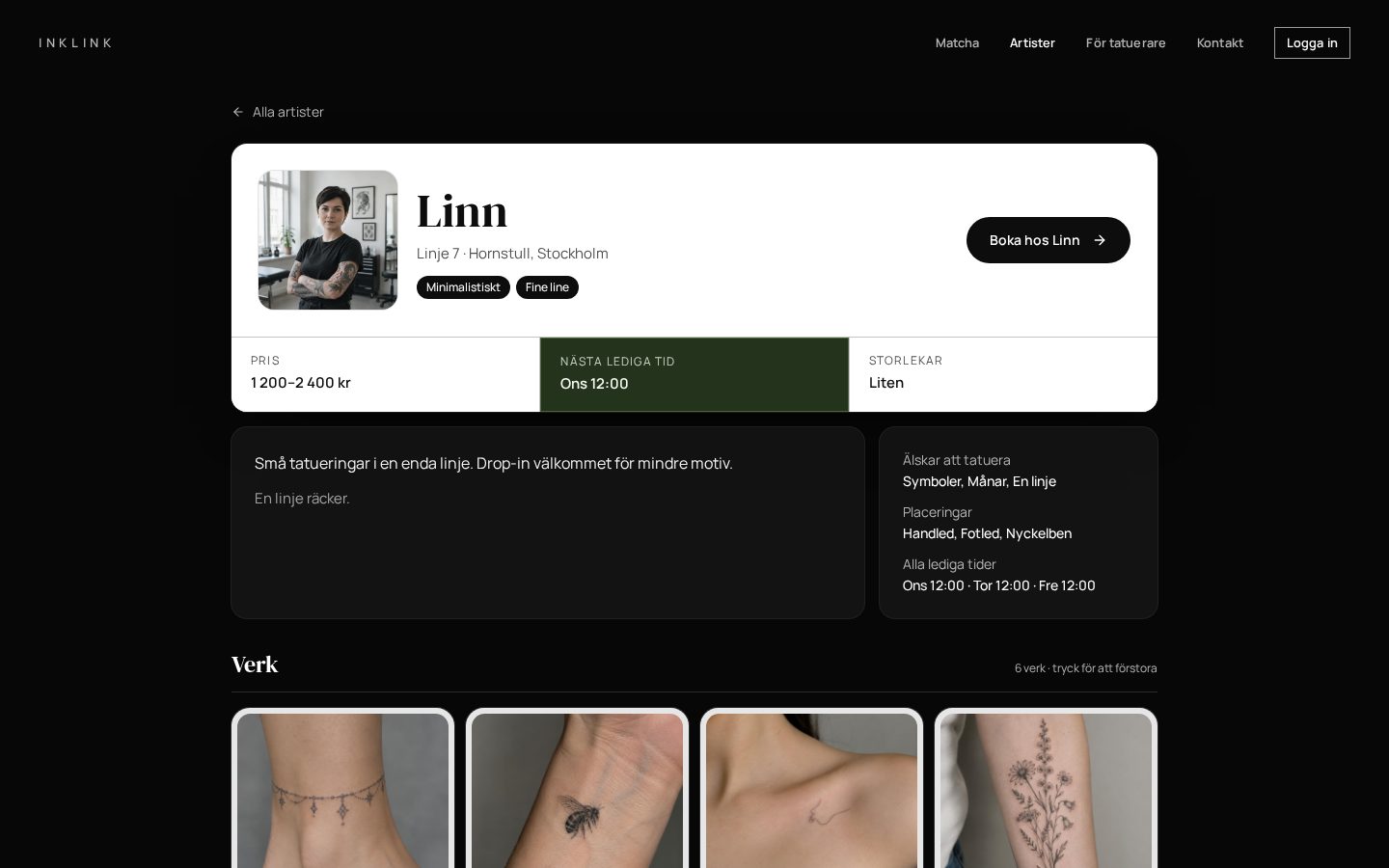 Skärmbild av en artistprofil på Inklink